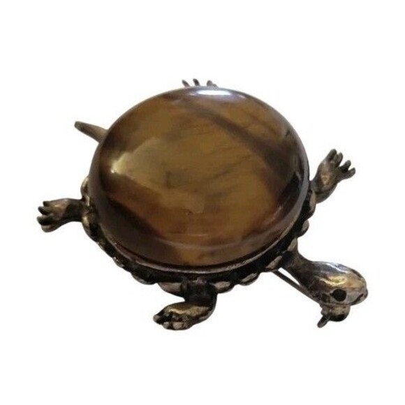 Vintage Shimmering Tigers Eye Stone Turtle Tortoise Brooch Pin - Picture 3 of 7